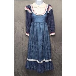Claire Brooke Originals Dress Girls 10 Blue Polka Dot Vintage Prairie Lace‎ Bib